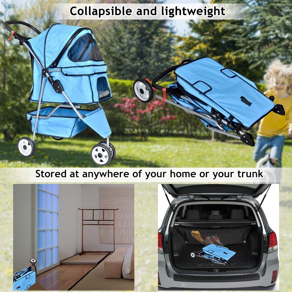 3-Wheel Pet Stroller, Lightweight Foldable Dog Stroller for Small Medium Dogs & Cats, Breathable Mesh & Weather Cover with Storage Basket, for Daily Walk Outdoor Travel (Blue)