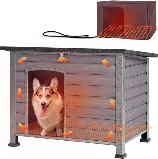 Heated Dog House Outdoor Insulated Dog Kennel with Heater, Durable Metal Frame, Chew-Resistant Cord, 6-Sided Thermal Liner, PVC Door Curtain for Winter (Grey)