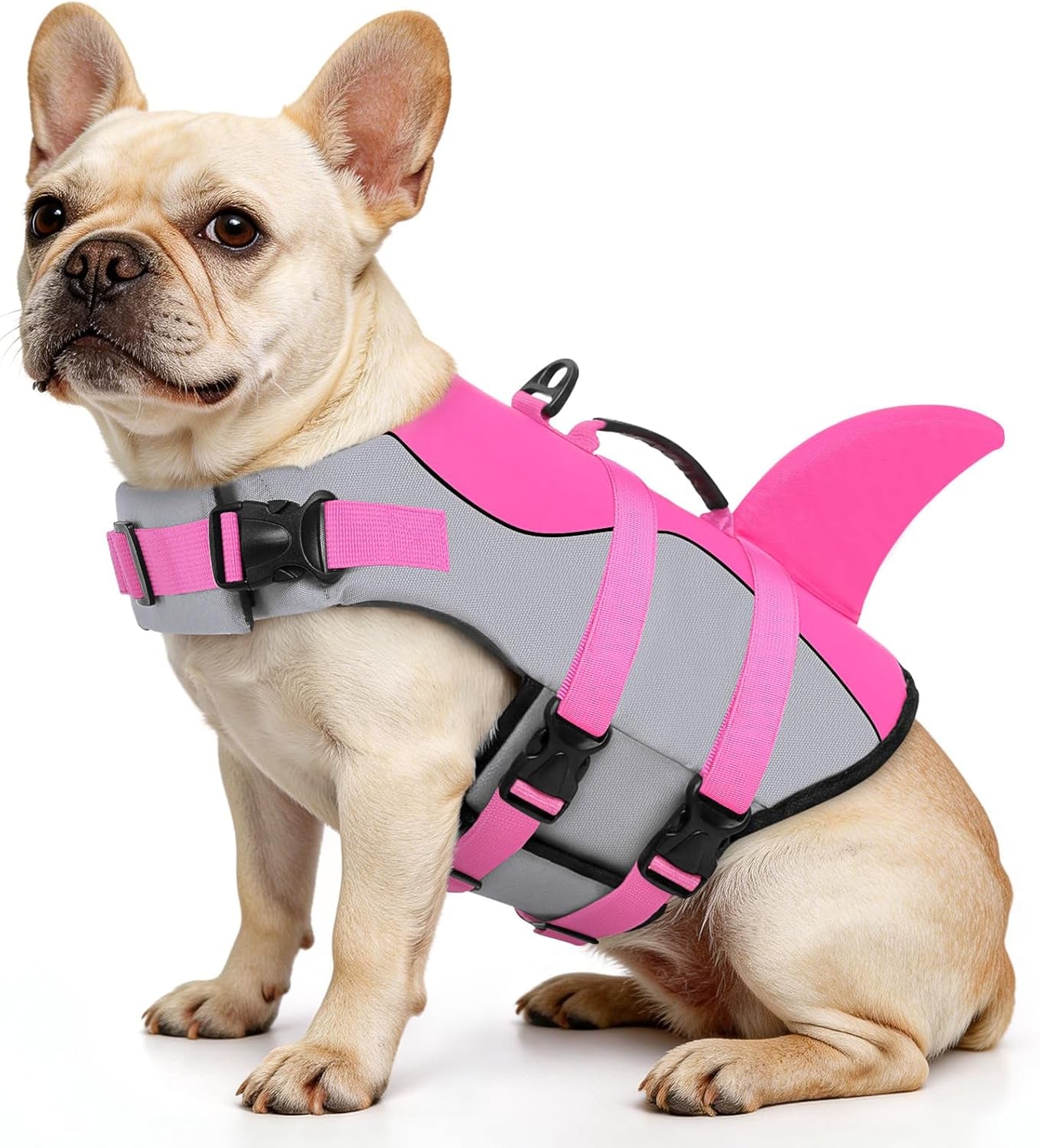 Dog Life Jacket Ripstop Shark Dog Safety Vest Adjustable Preserver with High Buoyancy and Durable Rescue Handle for Small,Medium,Large Dogs, Pink Shark X-Small