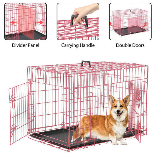 36 Inch Dog Crate, Dog Crates and Kennels Foldable Large Dog Crate for Large Dogs with Handle Double-Door Outdoor Metal Wire Dog Cage with Plastic Tray for Medium Dogs, Pink