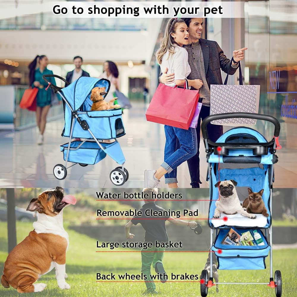 3-Wheel Pet Stroller, Lightweight Foldable Dog Stroller for Small Medium Dogs & Cats, Breathable Mesh & Weather Cover with Storage Basket, for Daily Walk Outdoor Travel (Blue)