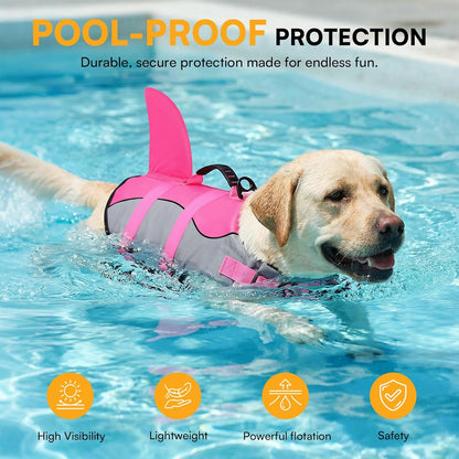 Dog Life Jacket Ripstop Shark Dog Safety Vest Adjustable Preserver with High Buoyancy and Durable Rescue Handle for Small,Medium,Large Dogs, Pink Shark X-Small
