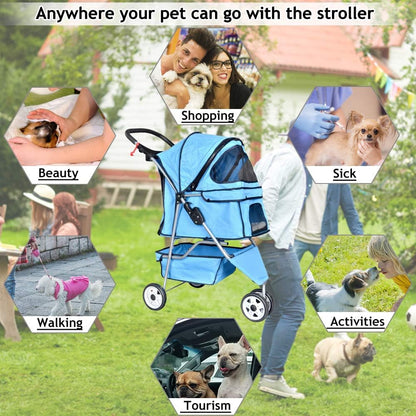 3-Wheel Pet Stroller, Lightweight Foldable Dog Stroller for Small Medium Dogs & Cats, Breathable Mesh & Weather Cover with Storage Basket, for Daily Walk Outdoor Travel (Blue)