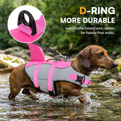 Dog Life Jacket Ripstop Shark Dog Safety Vest Adjustable Preserver with High Buoyancy and Durable Rescue Handle for Small,Medium,Large Dogs, Pink Shark X-Small