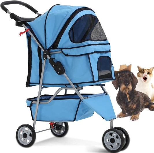 3-Wheel Pet Stroller, Lightweight Foldable Dog Stroller for Small Medium Dogs & Cats, Breathable Mesh & Weather Cover with Storage Basket, for Daily Walk Outdoor Travel (Blue)